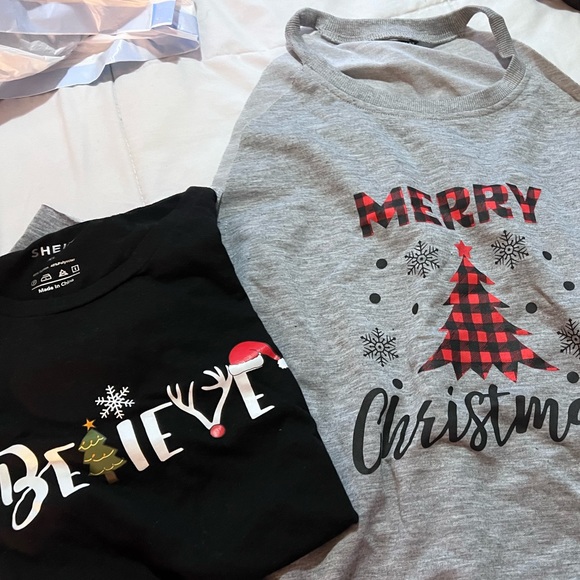 Christmas shirt bundle- shoulder open sweatshirt and tshirt. Both xl, worn once - Picture 1 of 2